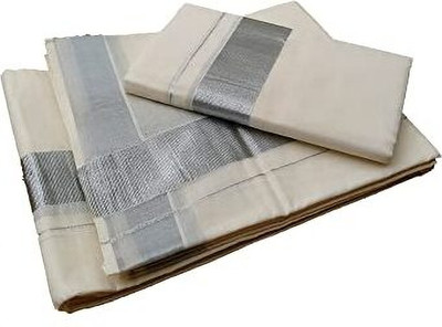 South Weavers Solid/Plain Kasavu Cotton Blend Saree(Cream)