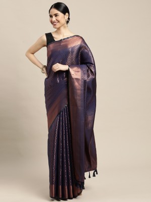 Blissta Woven Kanjivaram Silk Blend Saree(Dark Blue)