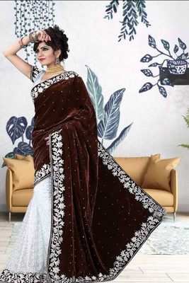 GUNHILD Self Design Banarasi Velvet Saree(Brown)
