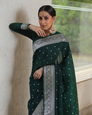 AVANSHEE Self Design, Woven, Embellished Banarasi Jacquard, Cotton Silk Saree(Dark Green)