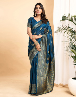 Samah Woven, Embellished Kanjivaram Silk Blend, Jacquard Saree(Blue)