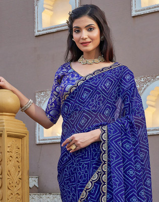 Satrani Printed, Embroidered, Embellished Bandhani Georgette, Chiffon Saree(Blue)