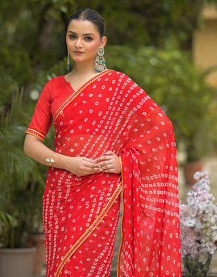 Samah Printed Bandhani Georgette, Chiffon Saree(Red)