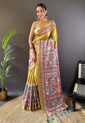 all about you Printed Bollywood Cotton Blend Saree(Yellow)