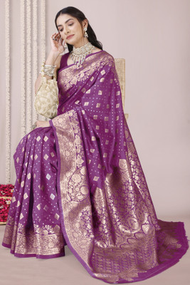 MIRCHI FASHION Woven Banarasi Silk Blend Saree(Purple, Gold)