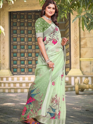 ANOUK Printed Daily Wear Linen Saree(Green)