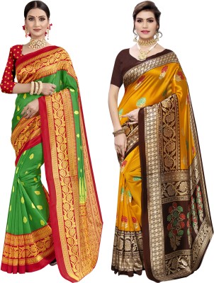 SIRIL Floral Print, Geometric Print, Printed Kanjivaram Silk Blend Saree(Pack of 2, Green, Yellow)