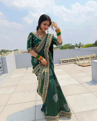 GOLDOLL FAB Digital Print Bandhani Cotton Silk Saree(Green)