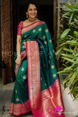KRIYANSH Self Design, Woven, Printed, Applique, Embellished, Floral Print Kanjivaram Cotton Blend, Jacquard Saree(Dark Green)