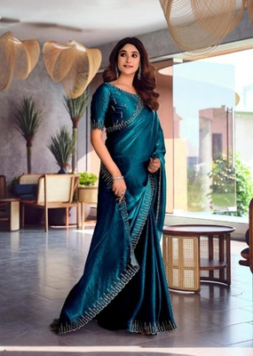 HARIOM CREATION Self Design, Solid/Plain, Geometric Print Saree with Attached Blouse Silk Blend Saree(Blue)