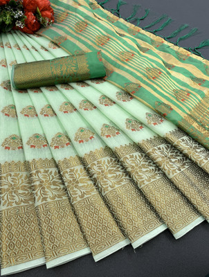 Rupatika Woven Kanjivaram Pure Silk, Cotton Silk Saree(Light Green)