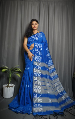 PRANATI ENTERPRISE Floral Print, Self Design, Woven Handloom Cotton Silk Saree(Blue)