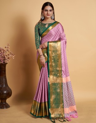 Satrani Woven, Embellished, Self Design Kanjivaram Art Silk Saree(Pink, Green, Gold)