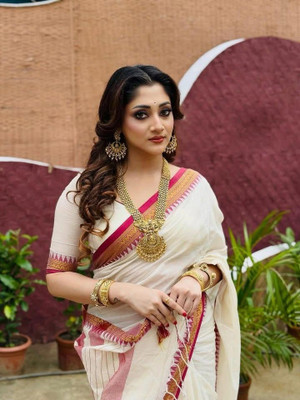 Roy saree center Woven Handloom Pure Cotton Saree(White, Red)