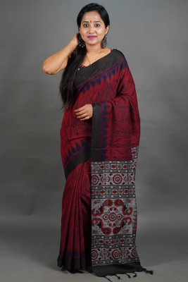DHRITI Printed Handloom Pure Cotton Saree(Red)