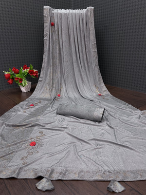 monoria Applique Bollywood Lycra Blend Saree(Grey)