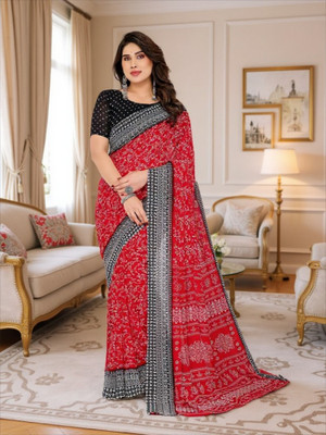SmittenSmit Printed Daily Wear Georgette Saree(Red, Black)