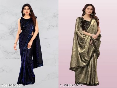 Amavii Embellished Bollywood Lycra Blend Saree(Pack of 2, Dark Blue, Gold)