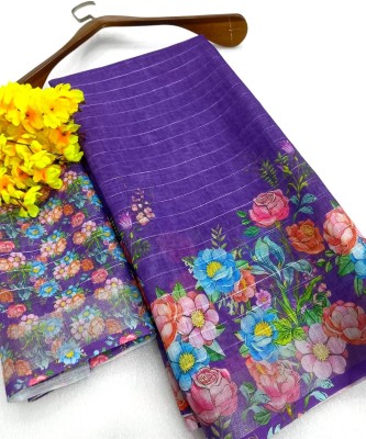 Gajal Floral Print Bollywood Linen, Cotton Linen Saree(Purple)