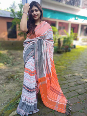 AMIT STORE Striped Handloom Cotton Blend Saree(White, Orange)