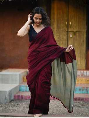 SMRITI HANDLOOM Solid/Plain Daily Wear Handloom Cotton Blend Saree(Maroon)