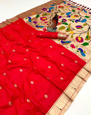 Tasrika Animal Print Paithani Cotton Silk Saree(Red)