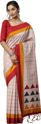 Akhilam Printed Tant Art Silk Saree(Cream)