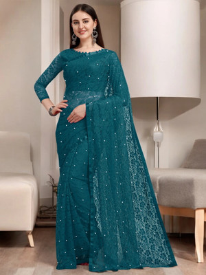 NORAFLEX Embroidered Bollywood Net Saree(Blue)