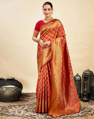 shiv textiles Woven Banarasi Silk Blend Saree(Red)