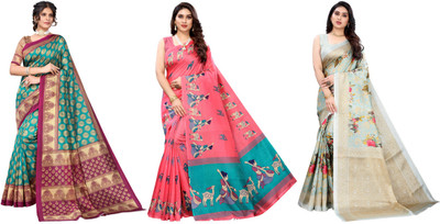 ANIRAV Printed, Woven Daily Wear Art Silk Saree(Pack of 3, Blue, Pink, Light Blue)