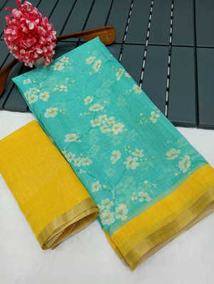 HangerStories Printed Kanjivaram Cotton Linen, Linen Saree(Light Green, Yellow)