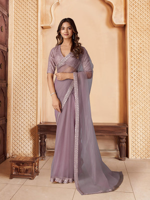 House of Pataudi Solid/Plain Daily Wear Net Saree(Purple)