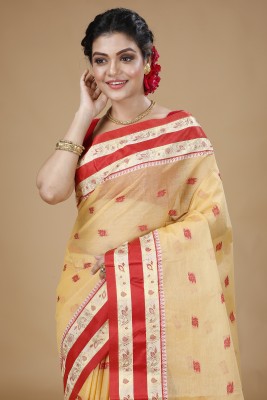 Bong ButiQ Woven Tant Handloom Pure Cotton Saree(Beige)