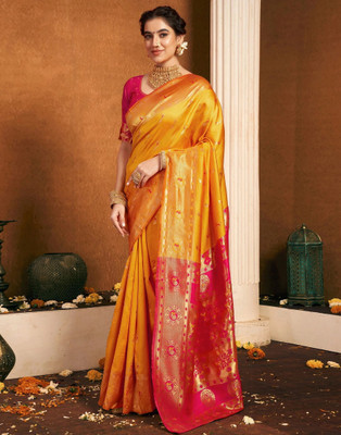 ETHNICHITZ Embellished, Woven Paithani Jacquard, Silk Blend Saree(Gold, Pink)
