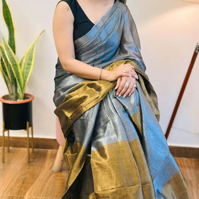 SathiBotique Woven Handloom Tissue Saree(Grey, Mustard)