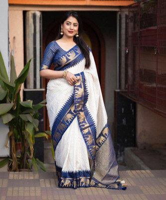 Anjaneya Sarees Woven Banarasi Silk Blend Saree(Blue)
