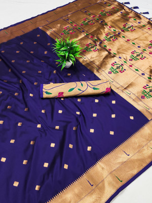 PANZORA Woven Paithani Cotton Silk Saree(Dark Blue)