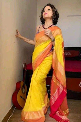Maatarasaree Temple Border Handloom Handloom Cotton Blend Saree(Yellow)