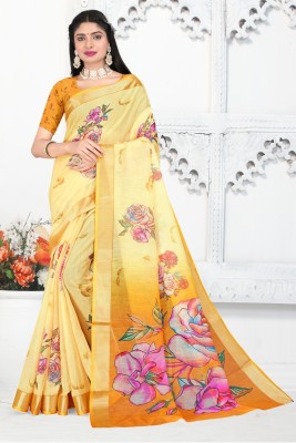 Suresh Digital Print Bollywood Cotton Linen Saree(Yellow, Pink)