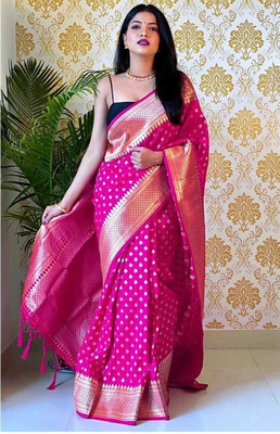 cosfic Printed Banarasi Jacquard Saree(Pink)