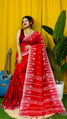 PARTHA BISWAS Self Design Handloom Cotton Blend Saree(Red)