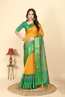 J6 Designers Checkered Bollywood Cotton Silk Saree(Yellow)