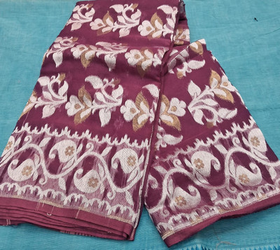 Auraaboutique Woven Jamdani Pure Cotton Saree(Maroon, White)