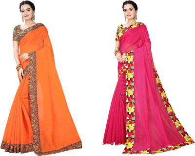 manish Solid/Plain Chanderi Cotton Blend Saree(Pack of 2, Magenta, Orange)