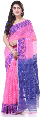 ANU INDIAN FASHION Polka Print, Woven Jamdani Cotton Blend Saree(Pink)