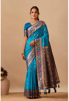 Kathavastra Floral Print, Woven Banarasi Silk Blend Saree(Light Blue)