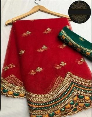R K Textiles Embroidered, Embellished Bhagalpuri Net Saree(Red)