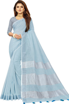 AARVI FASHION Woven Daily Wear Linen Saree(Blue)