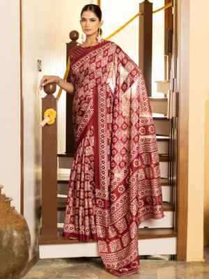 Sareemall Printed Hand Batik Cotton Blend Saree(Maroon)