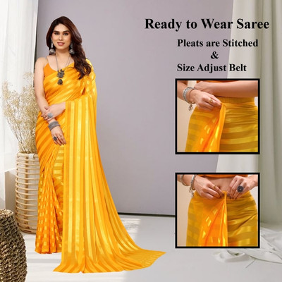 Moda Rapido Striped Bollywood Satin Saree(Yellow)